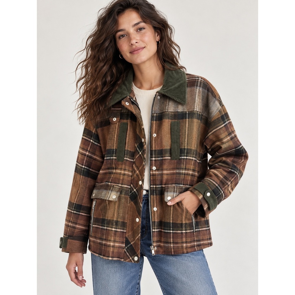 Blank NYC Plaid Mixed Media Utility Jacket Brown Green Corduroy Trim 05VR5628 L